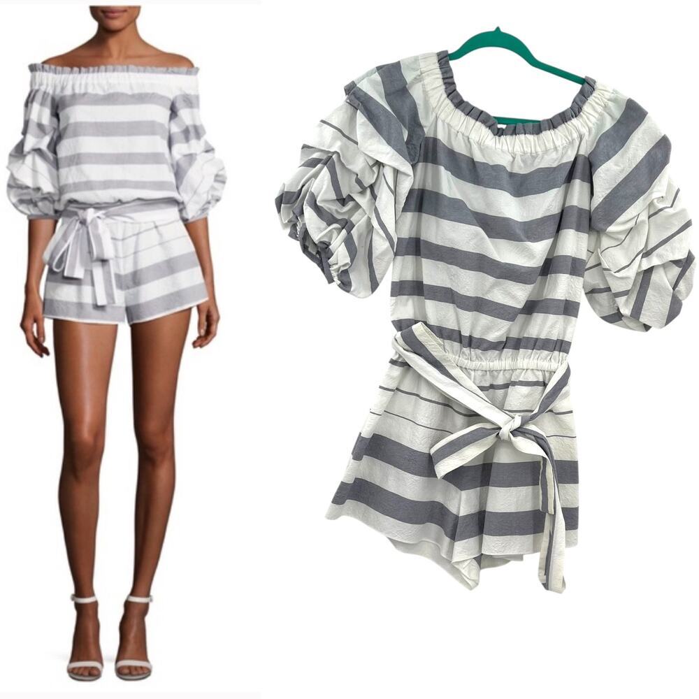 Alexis North Romper Striped Off the Shoulder Puff Sleeve White Gray Size Small
